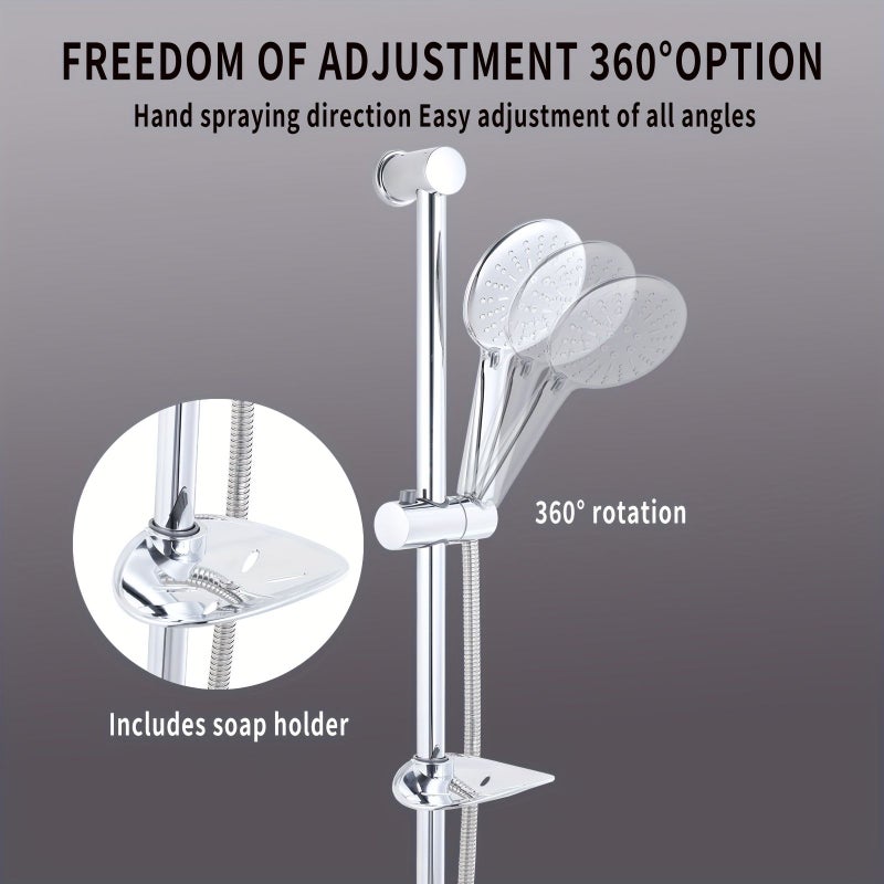 Chrome Shower Slide Bar Set with Three Modes 59 Inch Stainless Steel Hose Handheld Holder Soap Dish Adjustable Riser Rail High Pressure Head G1/2 - Image 2