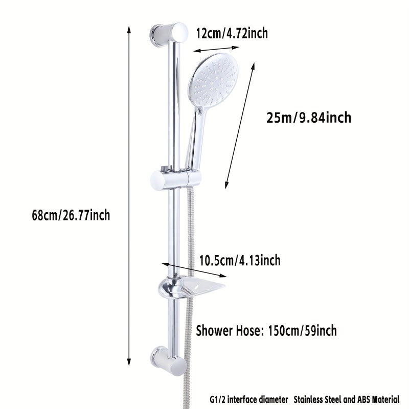 Chrome Shower Slide Bar Set with Three Modes 59 Inch Stainless Steel Hose Handheld Holder Soap Dish Adjustable Riser Rail High Pressure Head G1/2 - Image 3
