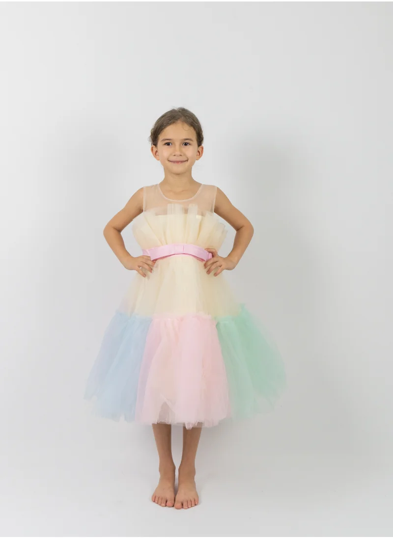 D'Daniela D' Daniela - Toddler Girls Bow Front Ruffle Hem Mesh Gown Dress Multi Color