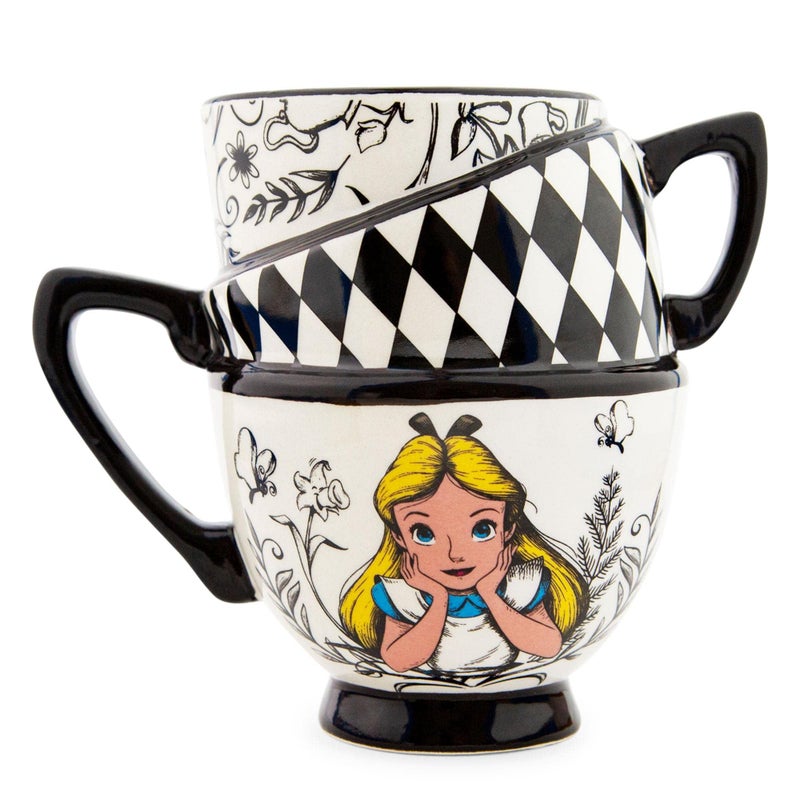 Alice In Wonderland Disney Monochrome Stacked Teacups Sculpted Ceramic Mug BPAFree Large Coffee Cup For Espresso Cocoa Tea
