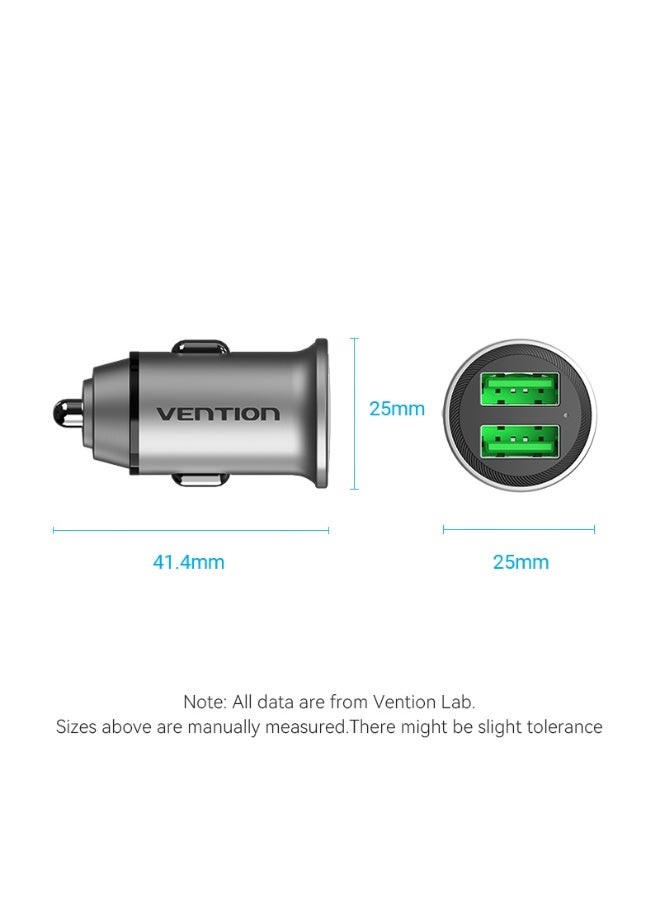 VENTION Two-Port USB A+A(18/18) Car Charger Gray Mini Style Aluminium Alloy Type Model # FFAH0 - Image 2