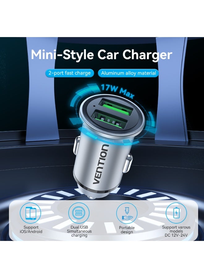 VENTION Two-Port USB A+A(18/18) Car Charger Gray Mini Style Aluminium Alloy Type Model # FFAH0 - Image 3