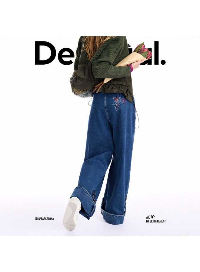 DESIGUAL 25 Fall/Winter New Adjustable Floral Embroidered Turn-Up Women'S Jeans - Image 4