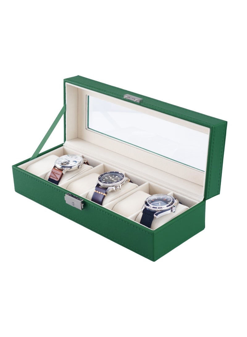 GREEN LION Elegant Watch Box 6 slots with Glass Window / Elegant Appearance / Premium PU Leather Material / Metal Push Button / Watch Pillow - Green - Image 1