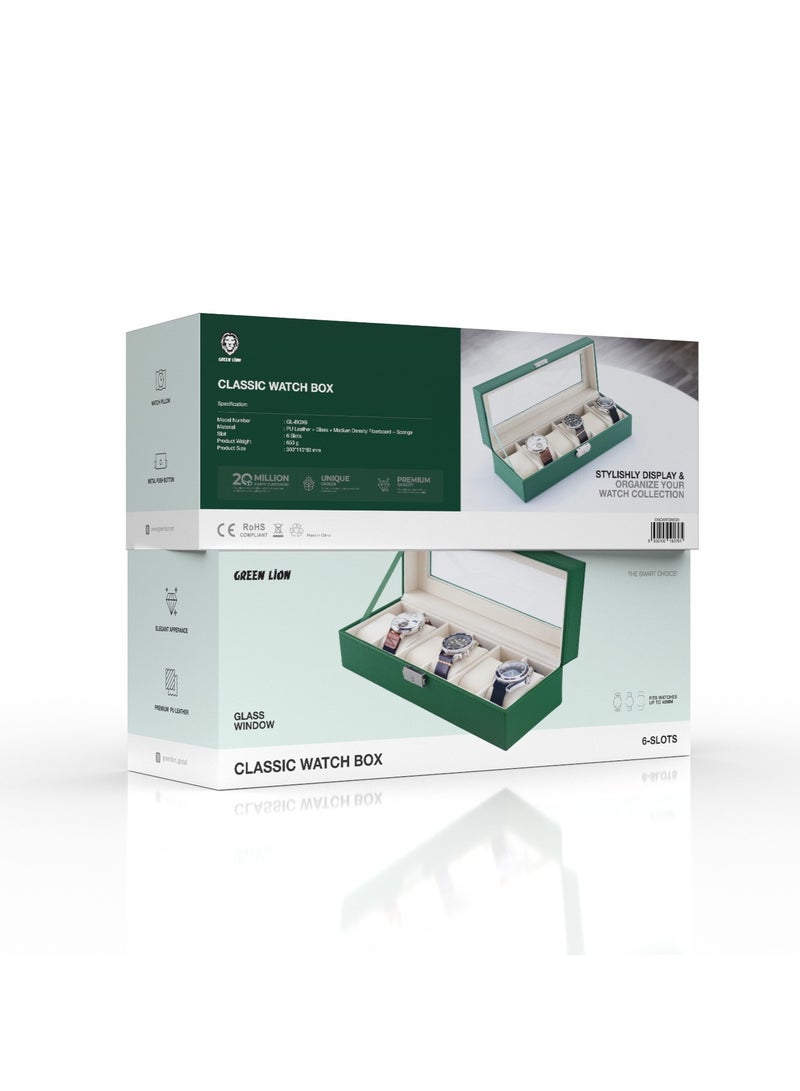 GREEN LION Elegant Watch Box 6 slots with Glass Window / Elegant Appearance / Premium PU Leather Material / Metal Push Button / Watch Pillow - Green - Image 2