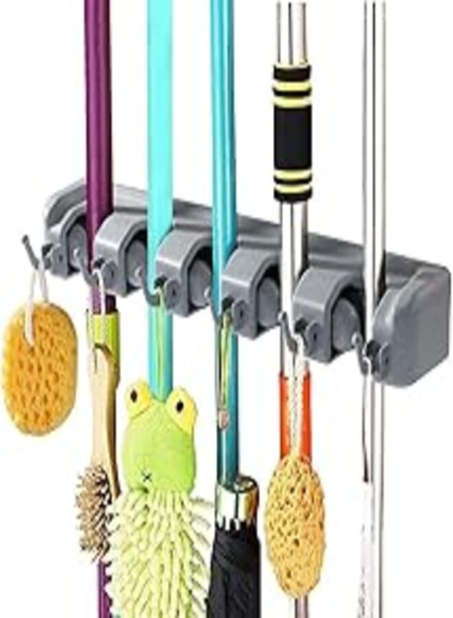 KASTWAVE Broom Mop Holder, Heavy Duty Wall Mounted Mop Clip Hangers Broom Storage Tidy Organizer with 5 Racks 6 Retractable Hooks Holds up to 11 Tools Perfect for Brush Kitchen Bathroom Office Garden