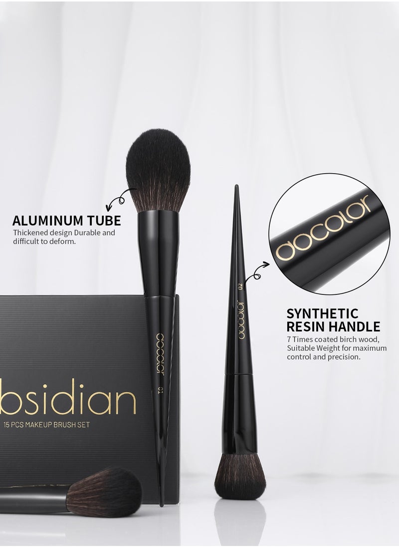 docolor - Makeup Brushes 15Pcs Obsidian Makeup Brush Set Premium Synthetic Powder Kabuki Foundation Contour Blush Concealer Eye Shadow Blending Eyeliner Crease Eyebrow Make Up Brush Kit - Image 1