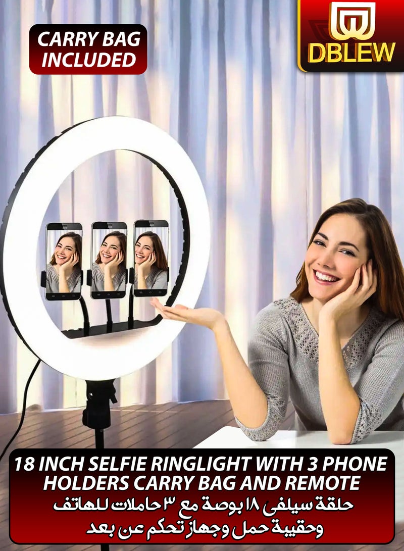 DBLEW 18 inch Dimmable Circle LED Studio Selfie Ring Light With 90Inch Tripod Stand Remote And 3 Mobile Phone Holders For Makeup Camera Photography YouTube Video Shoot TikTok Vlog Live Stream With Carry Bag - Image 1