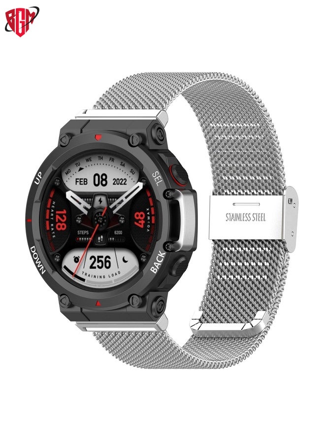 BGM Watch Band Strap For Huami Amazfit T-Rex 2 Snap-fit Stainless Steel Mesh Watch Band(Silver)  - Image 1