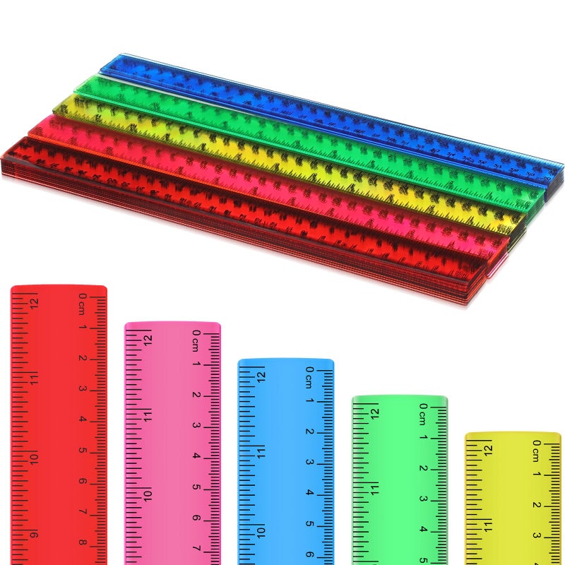Zonon 50 Pcs 6 Inch/12 Inch Plastic Rulers Bulk Flexible Straight Rulers with Inches Centimeters First Day of School Gift Students Back to School Office Home Supplies(Clear Colorful 12 Inch) - Image 1