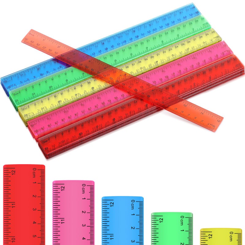 Zonon 50 Pcs 6 Inch/12 Inch Plastic Rulers Bulk Flexible Straight Rulers with Inches Centimeters First Day of School Gift Students Back to School Office Home Supplies(Clear Colorful 12 Inch) - Image 2