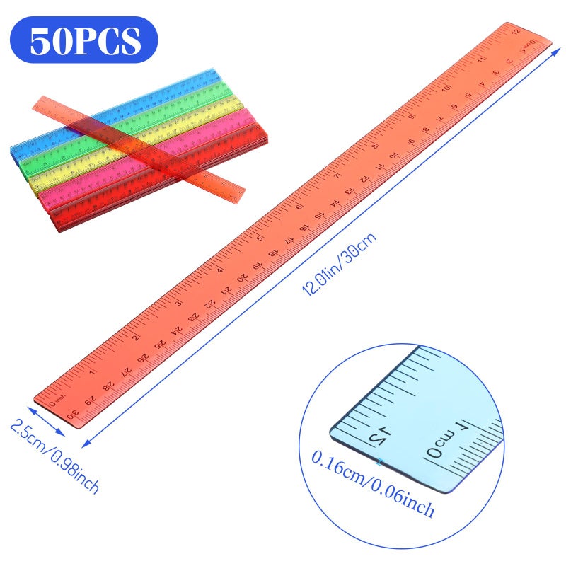 Zonon 50 Pcs 6 Inch/12 Inch Plastic Rulers Bulk Flexible Straight Rulers with Inches Centimeters First Day of School Gift Students Back to School Office Home Supplies(Clear Colorful 12 Inch) - Image 5