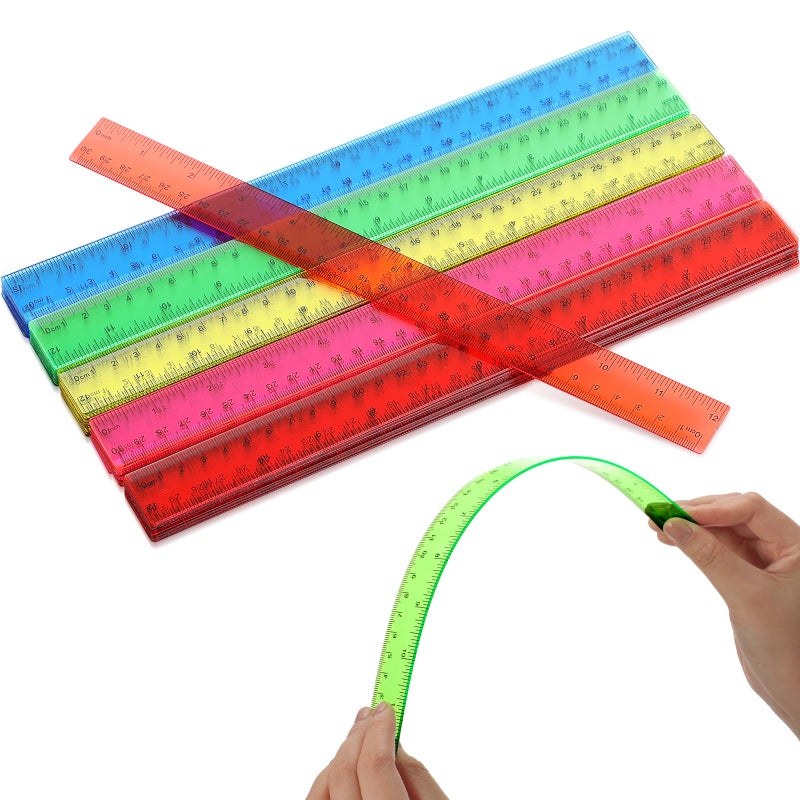 Zonon 50 Pcs 6 Inch/12 Inch Plastic Rulers Bulk Flexible Straight Rulers with Inches Centimeters First Day of School Gift Students Back to School Office Home Supplies(Clear Colorful 12 Inch) - Image 3