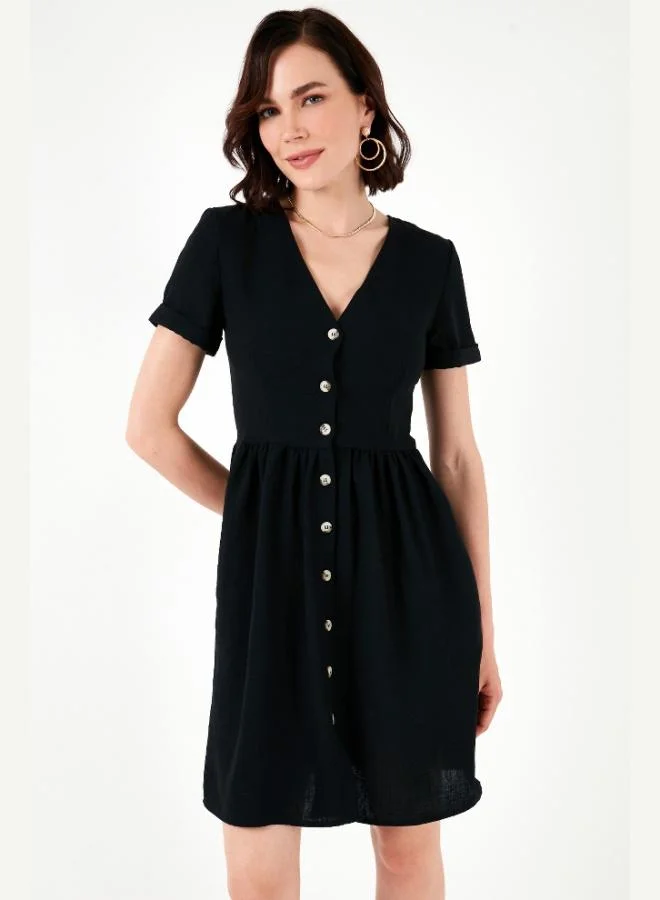 Lela Lela Pocket Front Buttoned Short Sleeve V-Neck Regular Fit Dress Women's Dress 611EL222