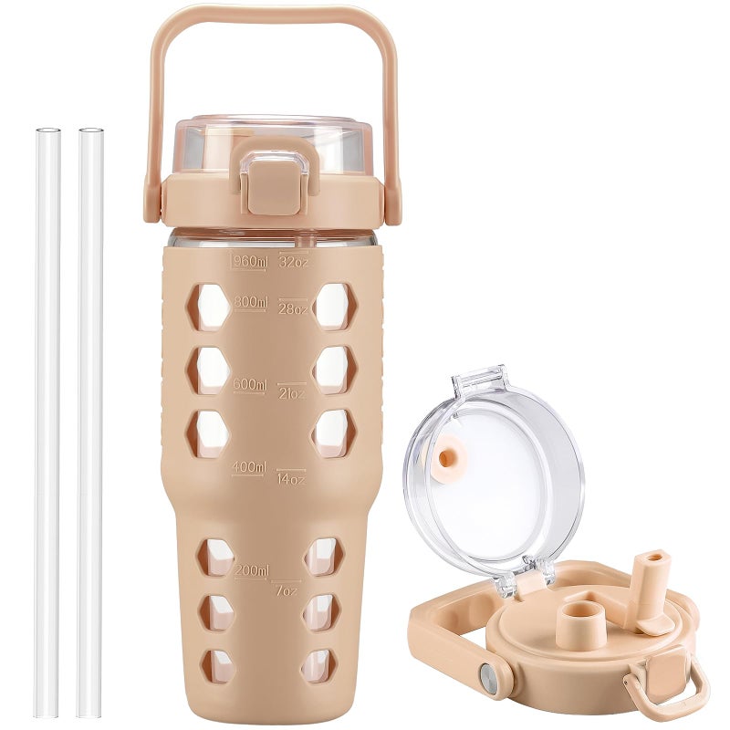 MUKOKO 32 oz Glass Tumbler with Straw,Glass Water Bottles with Time Marker,Iced Coffee Cup with Silicone Sleeve,Motivational Drinking Bottles,Leakproof-Amber - Image 1