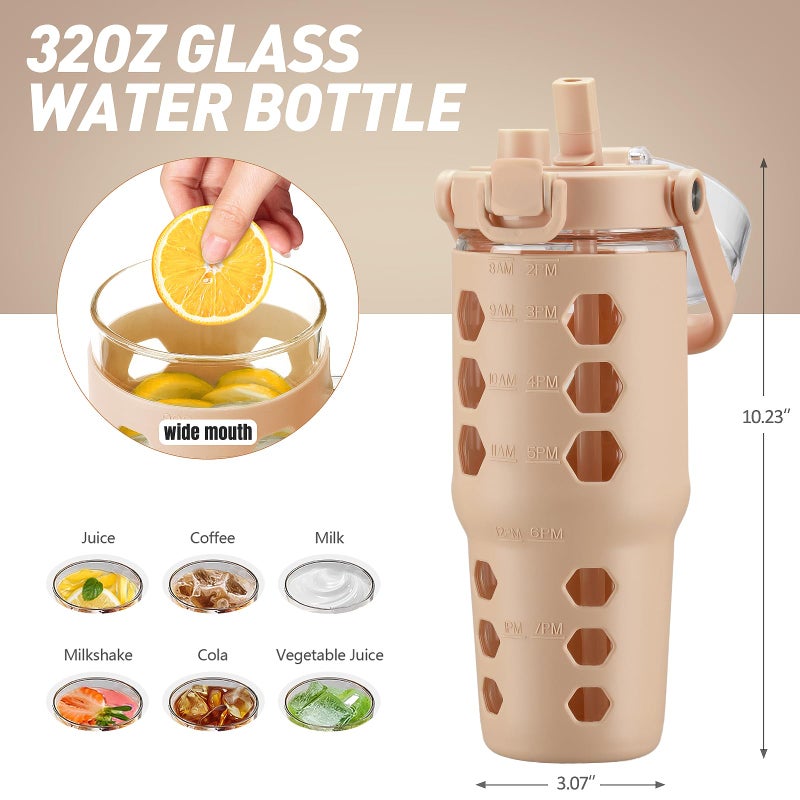 MUKOKO 32 oz Glass Tumbler with Straw,Glass Water Bottles with Time Marker,Iced Coffee Cup with Silicone Sleeve,Motivational Drinking Bottles,Leakproof-Amber - Image 3