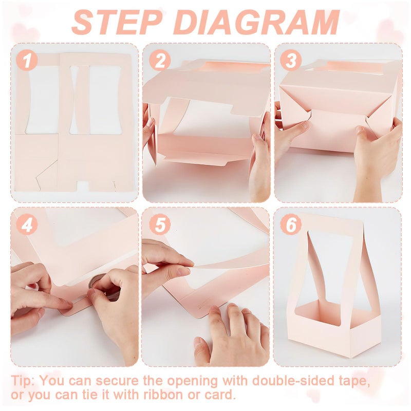Ylapagne 5 Pieces Paper Flower Gift Bags, Pink Bouquet Flower Box with Handheld DIY Flower Arrangement Basket Flower Packaging Box for Valentine's Wedding Anniversary Party - Image 5