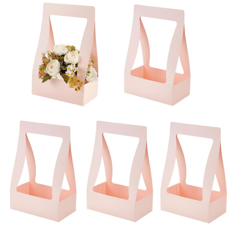 Ylapagne 5 Pieces Paper Flower Gift Bags, Pink Bouquet Flower Box with Handheld DIY Flower Arrangement Basket Flower Packaging Box for Valentine's Wedding Anniversary Party - Image 1