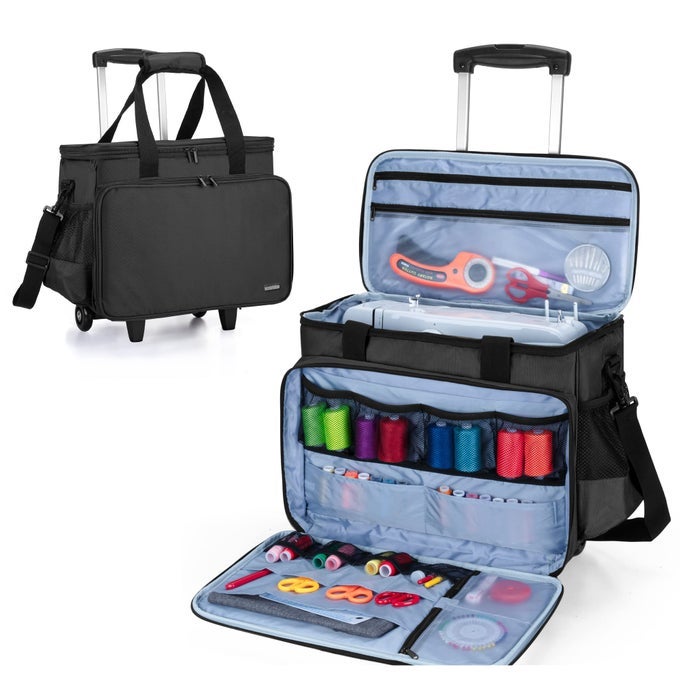 SEWING MACHINE CASE WITH DETACHABLE DOLLY AND REMOVABLE BOTTOM PAD ROLLING TOTE FITS MOST STANDARD MACHINES BLACK