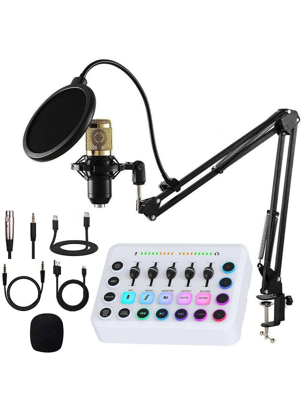 Podcast Microphone Bundle, BM-800 Condenser Mic with Live Sound Card Kit, Podcast Equipment Bundle with Voice Changer and DJ Mixer Effects Functions for PC Smartphone Studio Recording Broadcasting