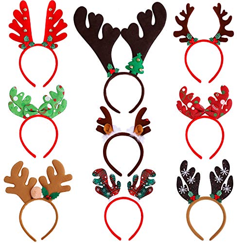 Ruisita 9 Pack Reindeer Headband Ornaments Christmas Antlers Costume Headwear Decoration Assorted Styles Party Gifts for Holiday - Image 1