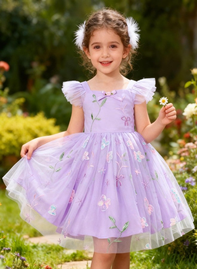 YALLET 3T 4T Girls Dress Ruffle Sleeveless Toddler Princess Dress Flower Embroidery Smocked Back Cake Smash Outfit for Valentine's Day Easter Wedding Birthday Cake Smash Photoshoot(Purple,3-4T) - Image 4