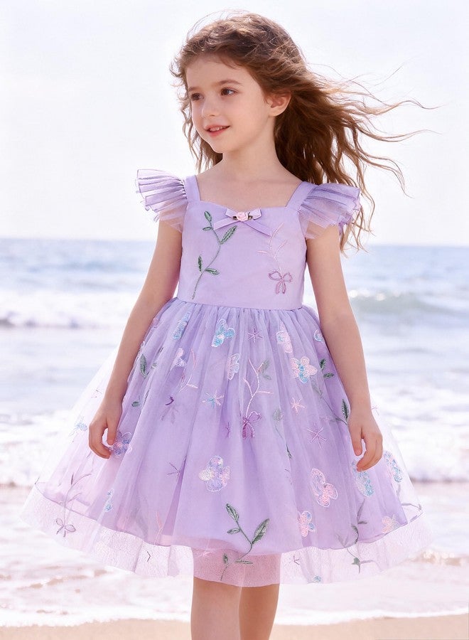 YALLET 3T 4T Girls Dress Ruffle Sleeveless Toddler Princess Dress Flower Embroidery Smocked Back Cake Smash Outfit for Valentine's Day Easter Wedding Birthday Cake Smash Photoshoot(Purple,3-4T) - Image 2