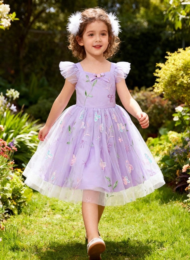 YALLET 3T 4T Girls Dress Ruffle Sleeveless Toddler Princess Dress Flower Embroidery Smocked Back Cake Smash Outfit for Valentine's Day Easter Wedding Birthday Cake Smash Photoshoot(Purple,3-4T) - Image 5
