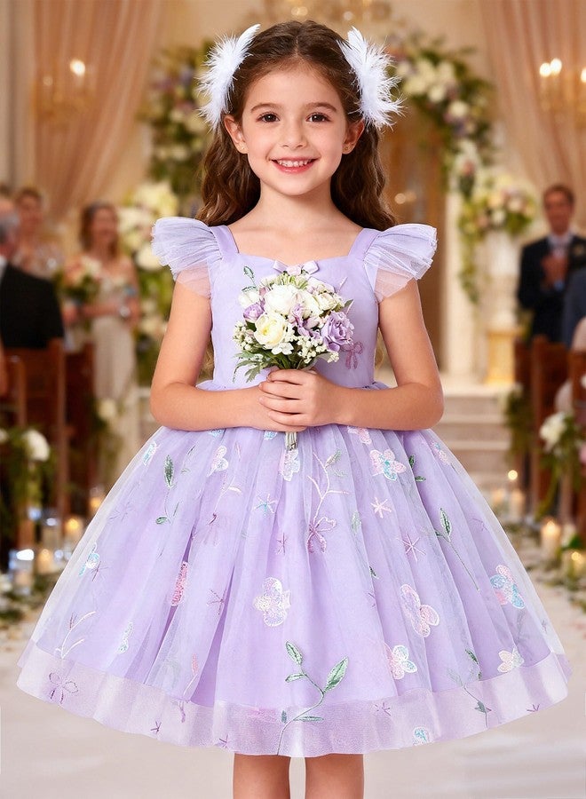 YALLET 3T 4T Girls Dress Ruffle Sleeveless Toddler Princess Dress Flower Embroidery Smocked Back Cake Smash Outfit for Valentine's Day Easter Wedding Birthday Cake Smash Photoshoot(Purple,3-4T) - Image 3