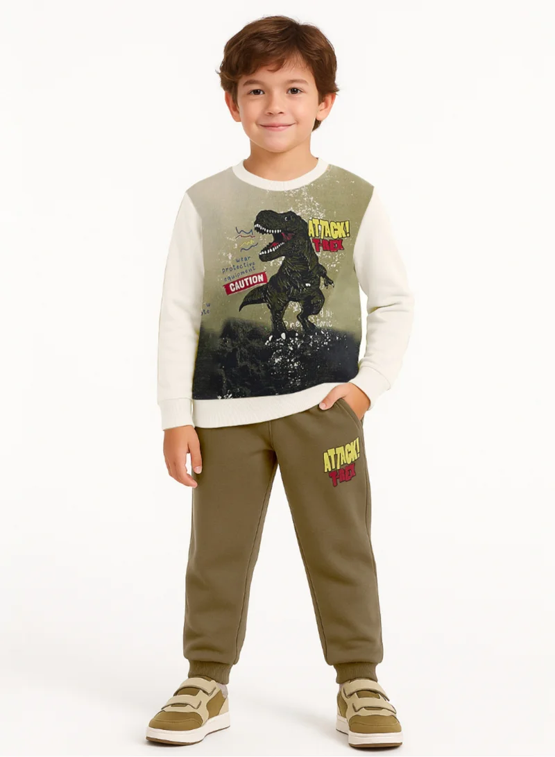 فكتور اند جين طقم شتوي للأولاد برسومات ديناصور - سويت شيرت وبنطلون رياضي وضع الهجوم