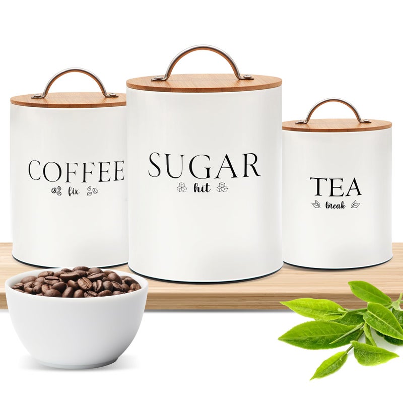 D'Lifeful Tea Coffee Sugar Canister Set - 3pc Airtight Canister Sets for Kitchen Counter - Farmhouse Containers for the Kitchen - Decorative Countertop storage with Airtight Lid for Freshness - White - Image 1