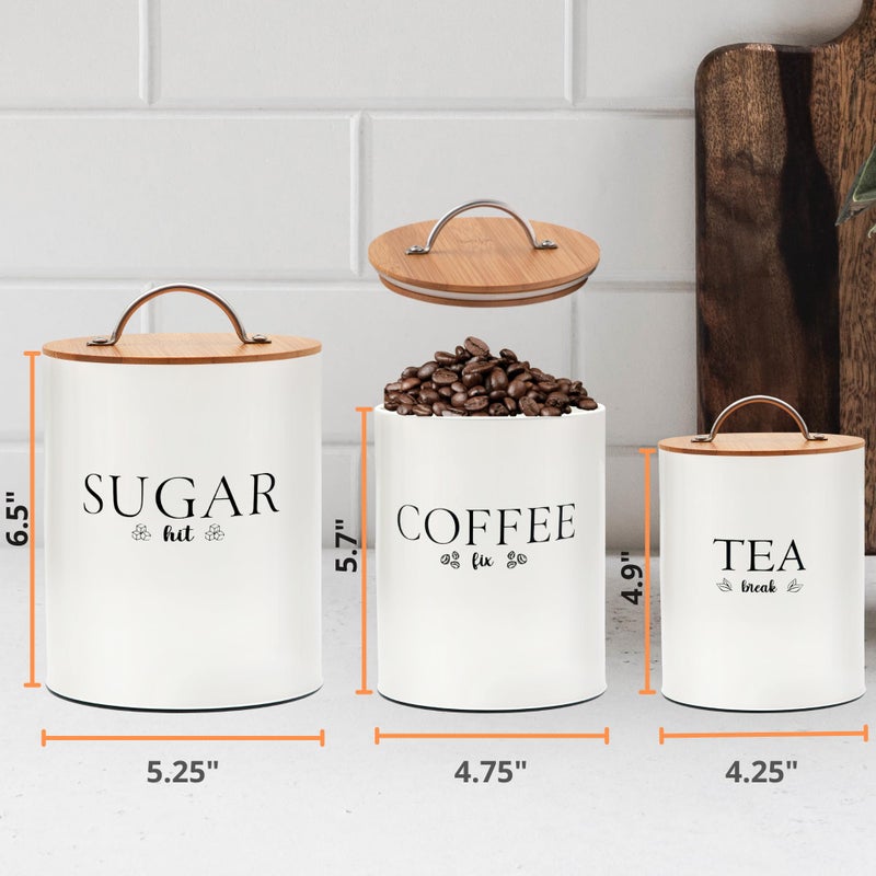 D'Lifeful Tea Coffee Sugar Canister Set - 3pc Airtight Canister Sets for Kitchen Counter - Farmhouse Containers for the Kitchen - Decorative Countertop storage with Airtight Lid for Freshness - White - Image 2