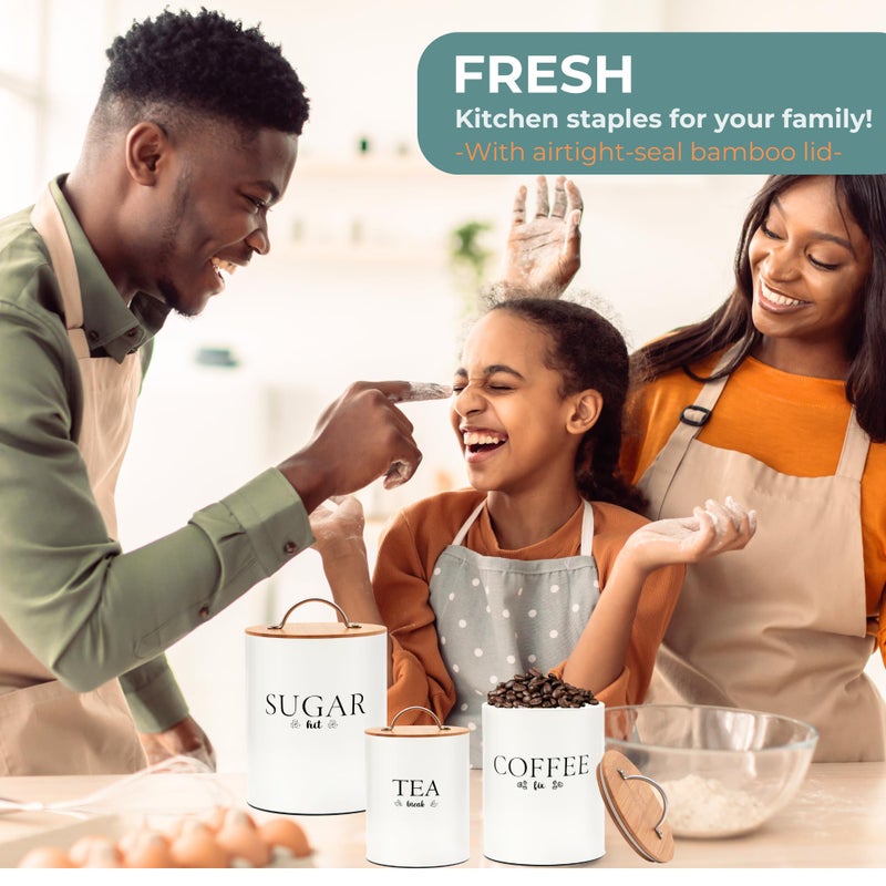 D'Lifeful Tea Coffee Sugar Canister Set - 3pc Airtight Canister Sets for Kitchen Counter - Farmhouse Containers for the Kitchen - Decorative Countertop storage with Airtight Lid for Freshness - White - Image 3
