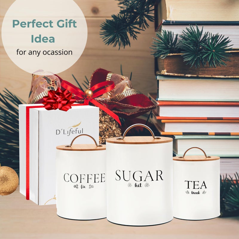 D'Lifeful Tea Coffee Sugar Canister Set - 3pc Airtight Canister Sets for Kitchen Counter - Farmhouse Containers for the Kitchen - Decorative Countertop storage with Airtight Lid for Freshness - White - Image 5