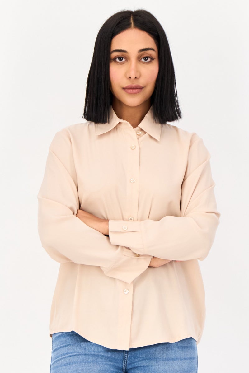 XOXO Women Spread Collar Long Sleeve Solid Satin Shirt, Tan - Image 1