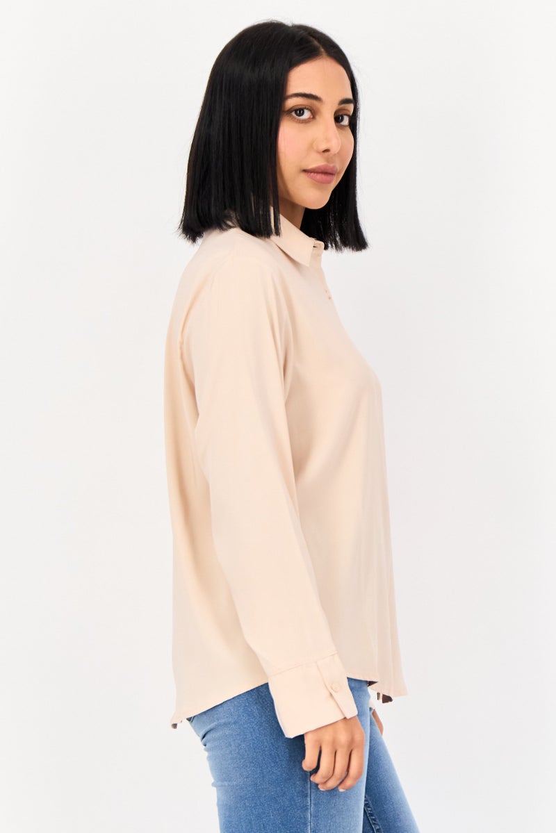 XOXO Women Spread Collar Long Sleeve Solid Satin Shirt, Tan - Image 2