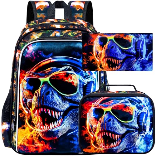 HPJGD 3PCS Dinosaur Backpack for Boys Water Resistant Kids Bookbag with Lunch Box 17 School Bag Set for Teenagers Middle Elementary Sunglasses Dinosaur - Image 1