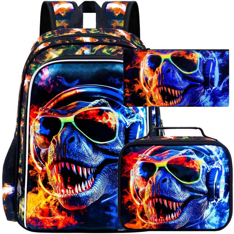 HPJGD 3PCS Dinosaur Backpack for Boys Water Resistant Kids Bookbag with Lunch Box 17 School Bag Set for Teenagers Middle Elementary Sunglasses Dinosaur - Image 2