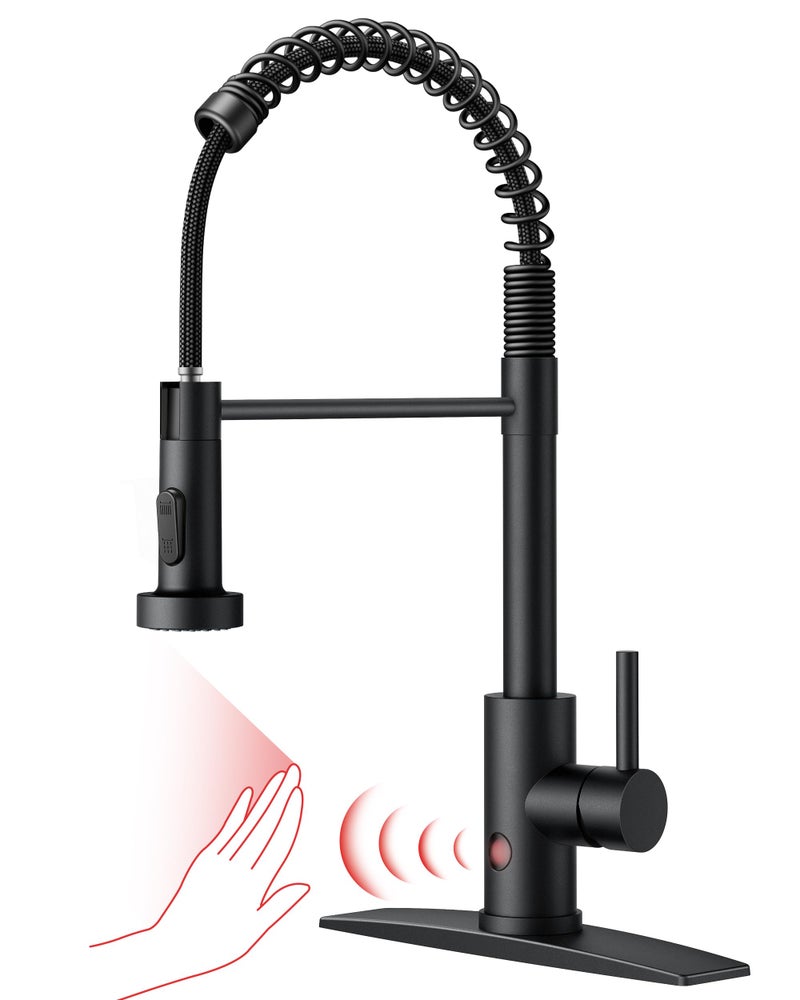 FORIOUS Touchless Kitchen Faucet Black, Smart Motion Sensor Spring Sink Faucet with Pull Down Sprayer Commercial Contemporary Hands-Free for Pot Filler, Farmhouse Camper Laundry Camper - Image 1