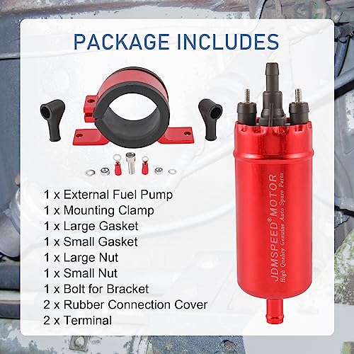 JDMSPEED Universal External In Line Fuel Pump High Pressure With Mounting Bracket Clamp 12V Gasoline Fuel Injection Pump Replacement 0580464070 0580453911 0580463017 Red Electric Injection Systems - Image 2