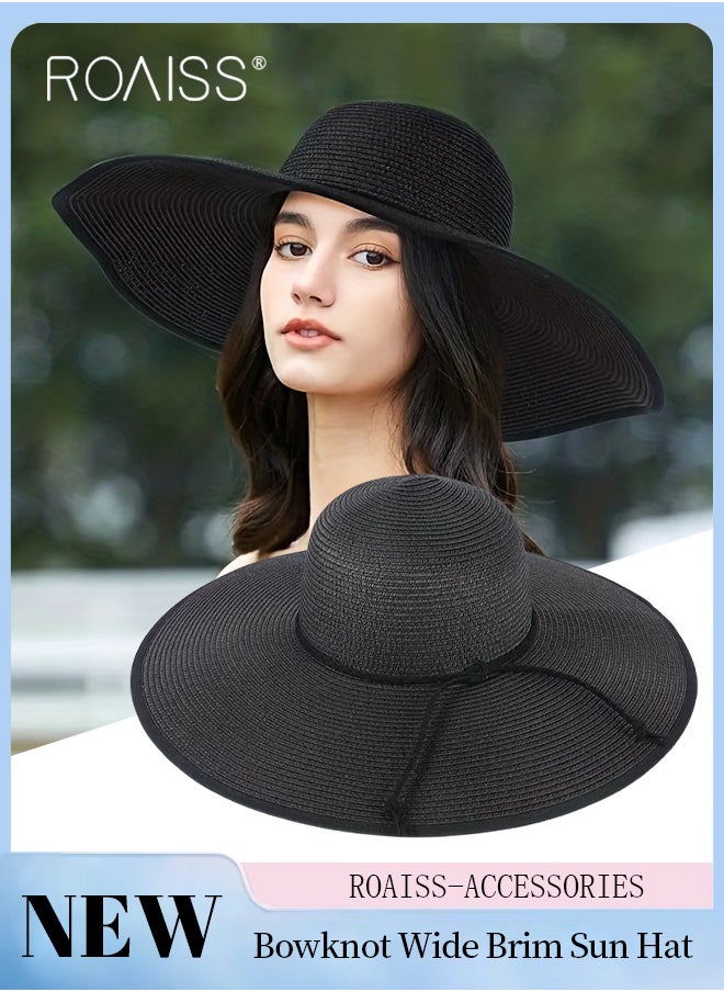 roaiss - Boho Wide Brim Hat for Women Rope Decor Sun Protection Vacation Fashion Straw Hat for Ladies Summer Beach Foldable Cap Black - Image 1