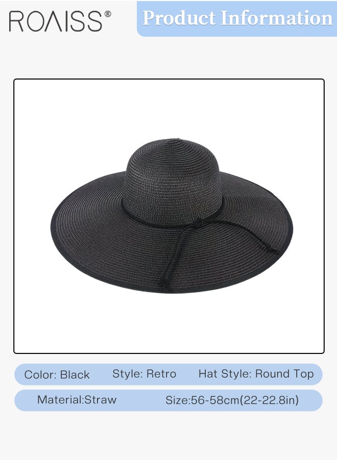 roaiss - Boho Wide Brim Hat for Women Rope Decor Sun Protection Vacation Fashion Straw Hat for Ladies Summer Beach Foldable Cap Black - Image 1