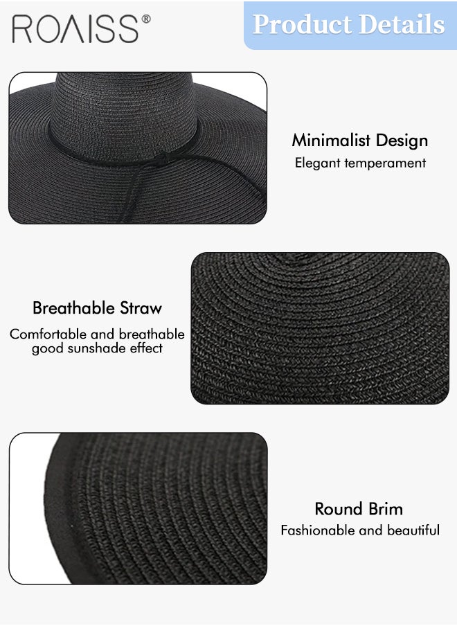 roaiss - Boho Wide Brim Hat for Women Rope Decor Sun Protection Vacation Fashion Straw Hat for Ladies Summer Beach Foldable Cap Black - Image 1