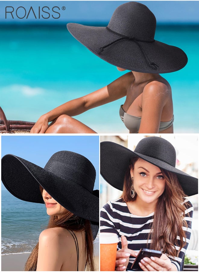 roaiss - Boho Wide Brim Hat for Women Rope Decor Sun Protection Vacation Fashion Straw Hat for Ladies Summer Beach Foldable Cap Black - Image 1