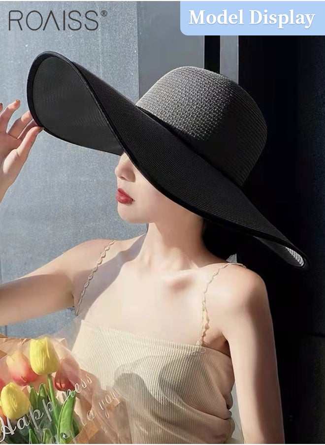 roaiss - Boho Wide Brim Hat for Women Rope Decor Sun Protection Vacation Fashion Straw Hat for Ladies Summer Beach Foldable Cap Black - Image 1