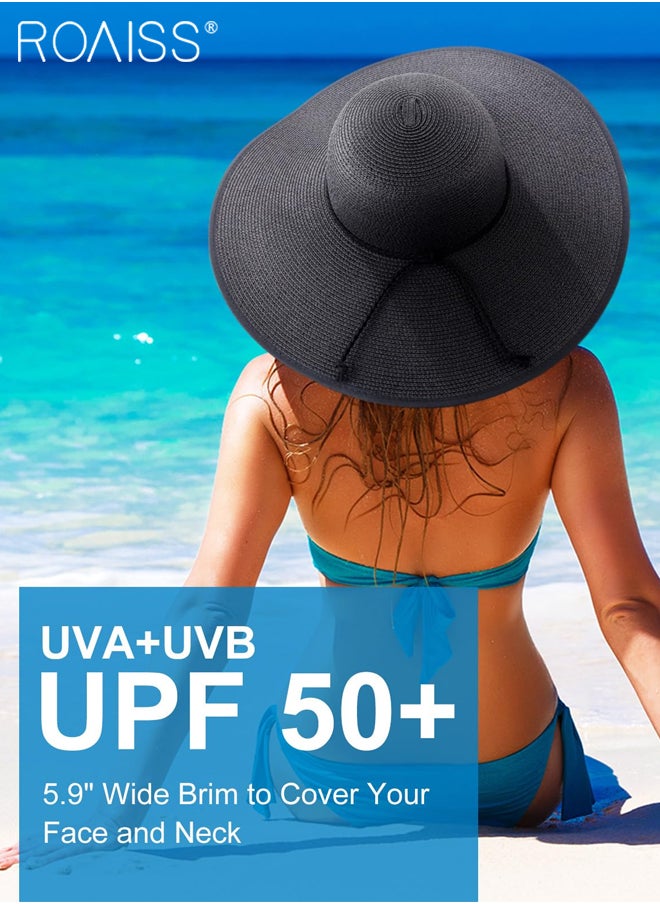 roaiss - Boho Wide Brim Hat for Women Rope Decor Sun Protection Vacation Fashion Straw Hat for Ladies Summer Beach Foldable Cap Black - Image 1
