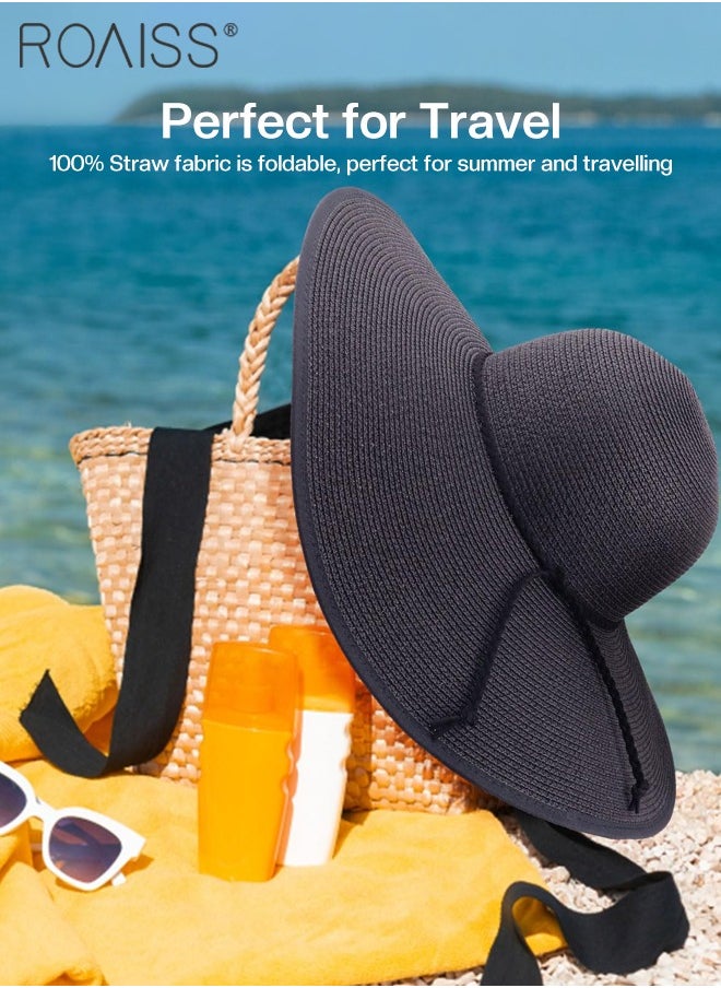 roaiss - Boho Wide Brim Hat for Women Rope Decor Sun Protection Vacation Fashion Straw Hat for Ladies Summer Beach Foldable Cap Black - Image 1