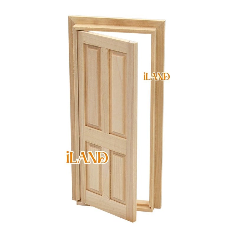 iLAND Wooden Dollhouse Door of 1/12 Scale Accessories, Dollhouse Building Materials, Classic 4-Pannel Miniature Door w/Trims & Doorknob & Key (Classic 4-Pannel Door) - Image 3