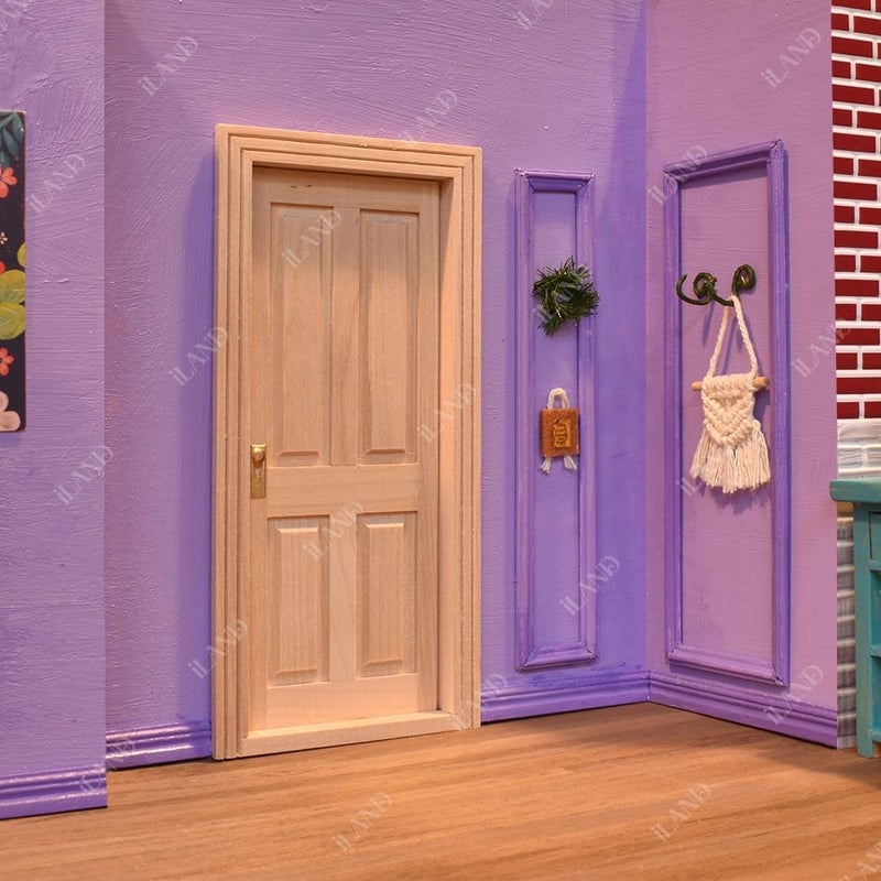 iLAND Wooden Dollhouse Door of 1/12 Scale Accessories, Dollhouse Building Materials, Classic 4-Pannel Miniature Door w/Trims & Doorknob & Key (Classic 4-Pannel Door) - Image 4