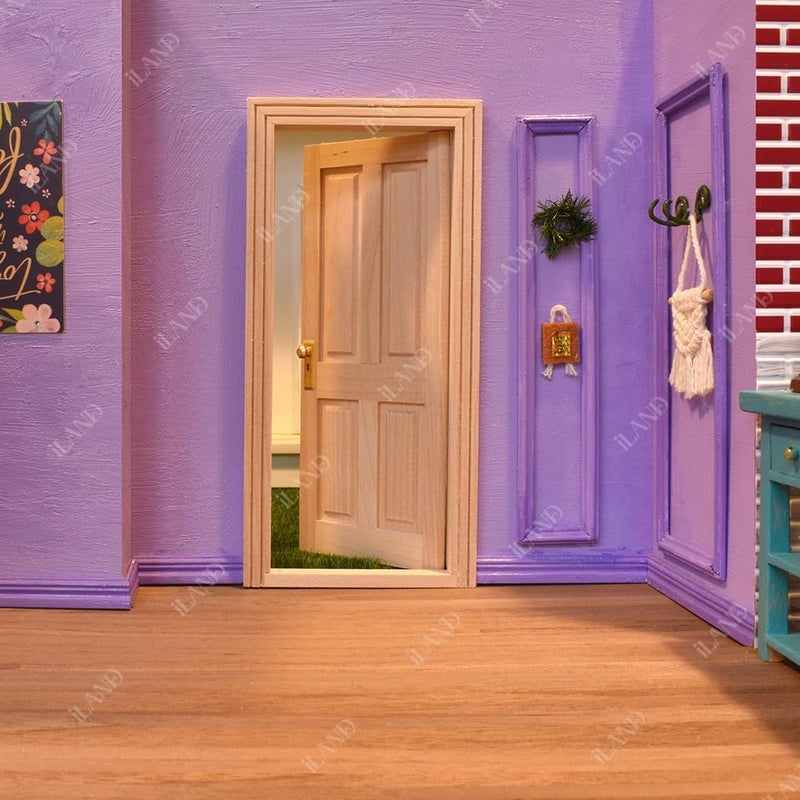 iLAND Wooden Dollhouse Door of 1/12 Scale Accessories, Dollhouse Building Materials, Classic 4-Pannel Miniature Door w/Trims & Doorknob & Key (Classic 4-Pannel Door) - Image 5